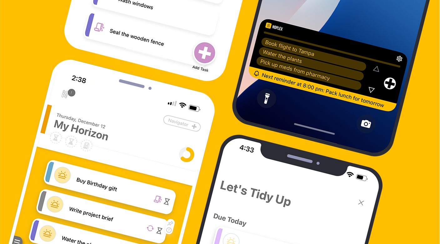 The NoPlex+ client app on iPhone — task lists, reminders, and the My Horizon planner
