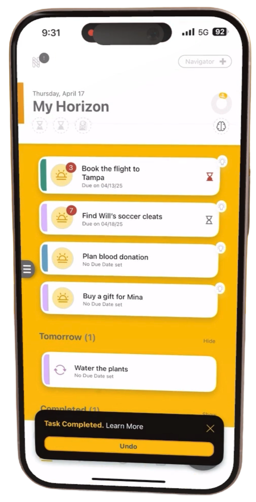 The NoPlex app on a phone, showing a client's daily task horizon
